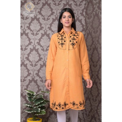 Trendy Casual Wear Cotton Women embroidered Orange Kurti Dress