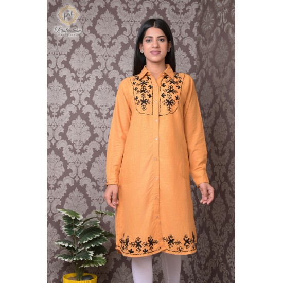 Trendy Casual Wear Cotton Women embroidered Orange Kurti Dress