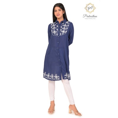 Fashionable Casual Wear Cotton Blue color White Neck Embroidery Kurti