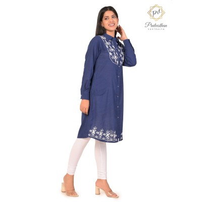 Fashionable Casual Wear Cotton Blue color White Neck Embroidery Kurti