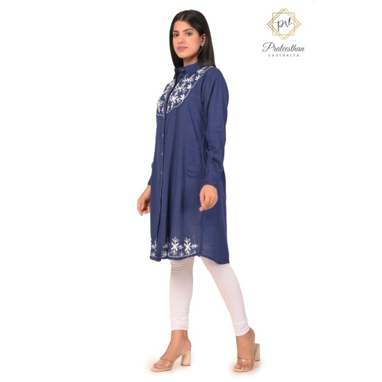 Fashionable Casual Wear Cotton Blue color White Neck Embroidery Kurti