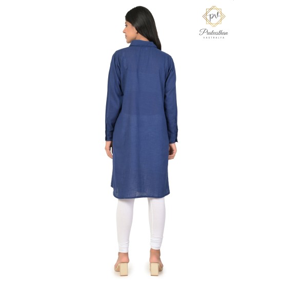 Fashionable Casual Wear Cotton Blue color White Neck Embroidery Kurti