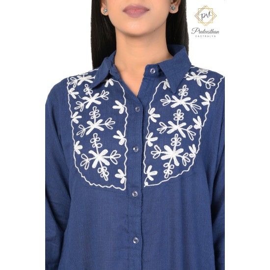 Fashionable Casual Wear Cotton Blue color White Neck Embroidery Kurti