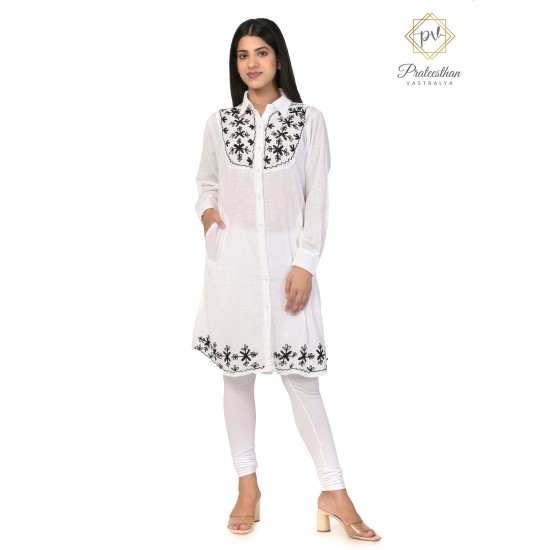 Amazing Classy Floral Designer Neck Full Sleeve Cotton White Women's Kurti