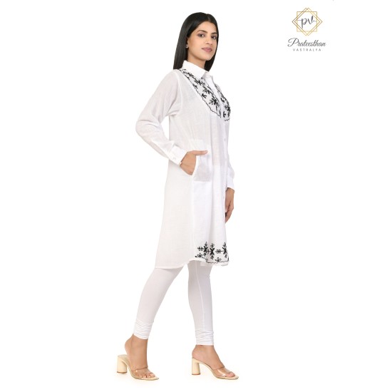 Amazing Classy Floral Designer Neck Full Sleeve Cotton White Women's Kurti