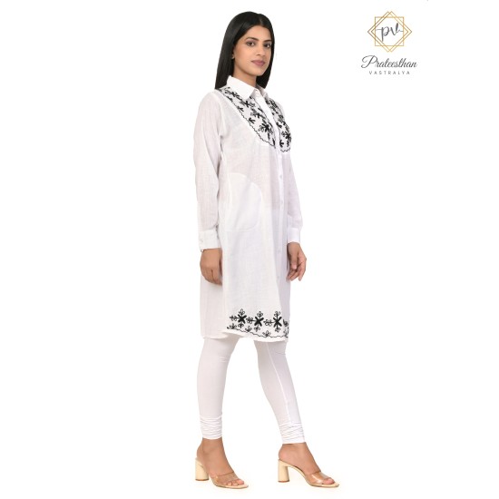 Amazing Classy Floral Designer Neck Full Sleeve Cotton White Women's Kurti