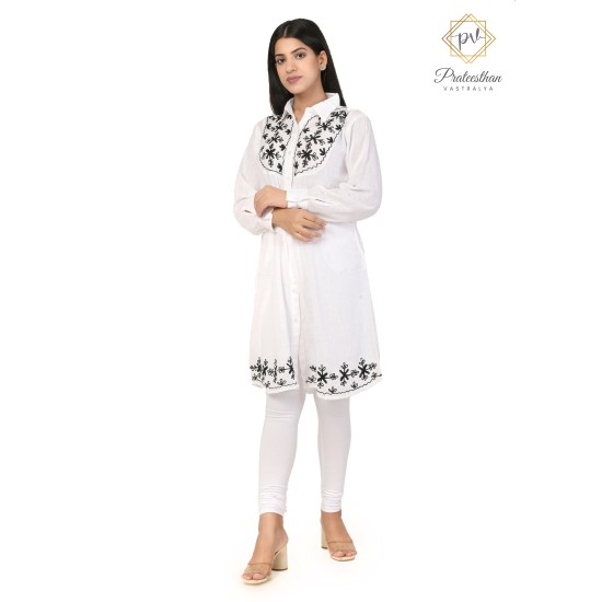 Amazing Classy Floral Designer Neck Full Sleeve Cotton White Women's Kurti