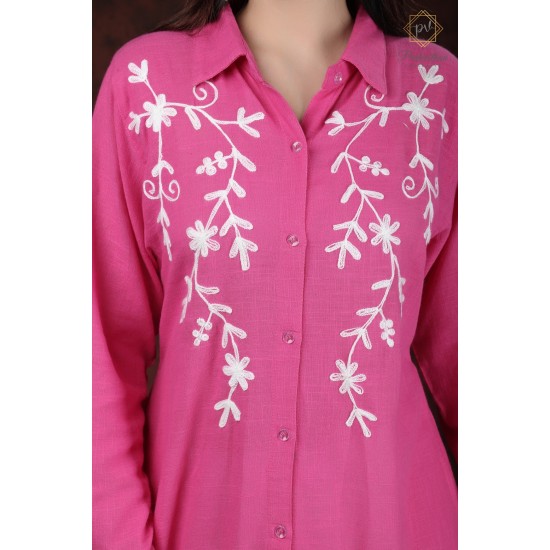 Cotton Solid Comfy Floral Embroidery Neck Beautiful  Pink Kurti