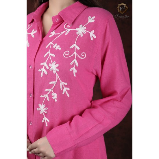 Cotton Solid Comfy Floral Embroidery Neck Beautiful  Pink Kurti