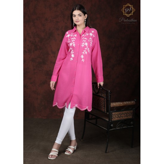 Cotton Solid Comfy Floral Embroidery Neck Beautiful  Pink Kurti