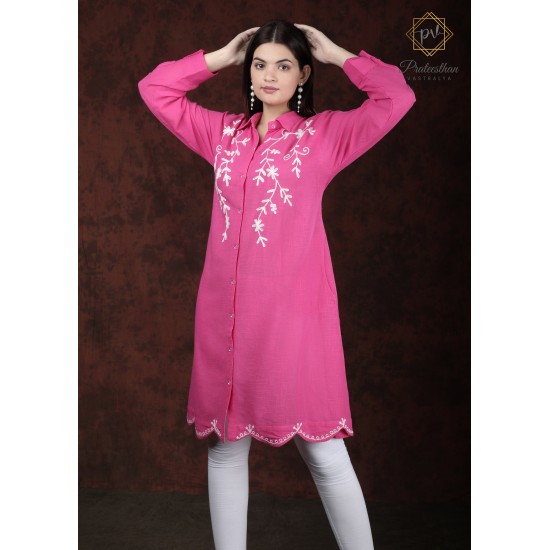 Cotton Solid Comfy Floral Embroidery Neck Beautiful  Pink Kurti