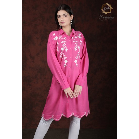 Cotton Solid Comfy Floral Embroidery Neck Beautiful  Pink Kurti