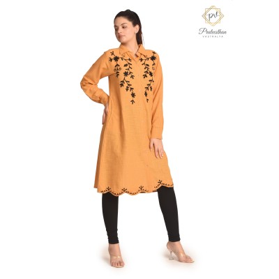 Classy Trendy Cotton Straight Neck Embroidery Comfy Orange Kurti