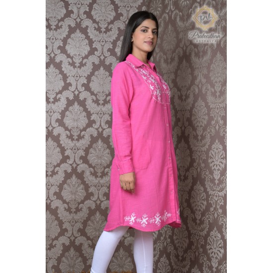 Beautiful Stylish Collor Pink Simple Neck Embroidery women's Kurti