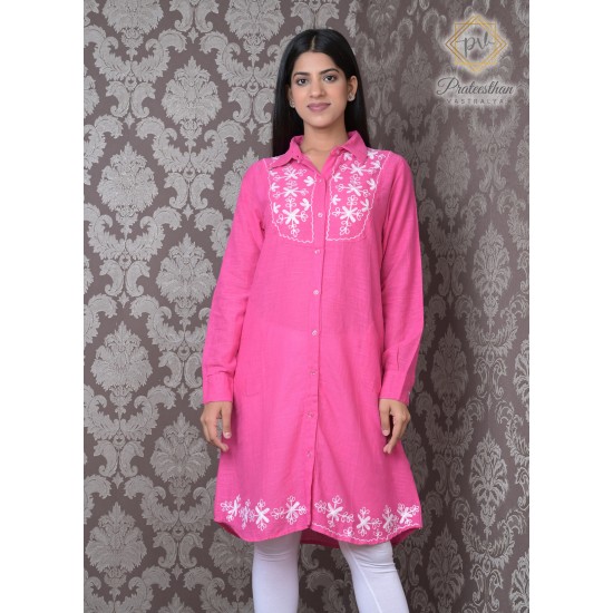 Beautiful Stylish Collor Pink Simple Neck Embroidery women's Kurti