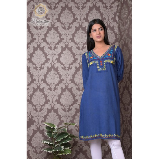 Simply Beautiful Neck Embroidery Cotton Blue Kurti