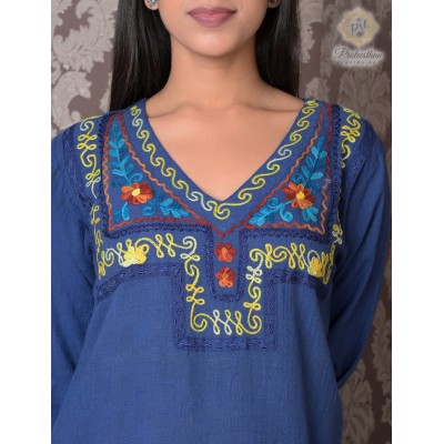 Simply Beautiful Neck Embroidery Cotton Blue Kurti