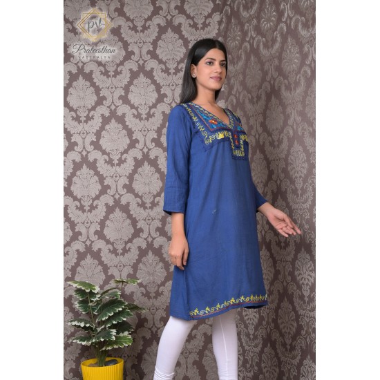 Simply Beautiful Neck Embroidery Cotton Blue Kurti