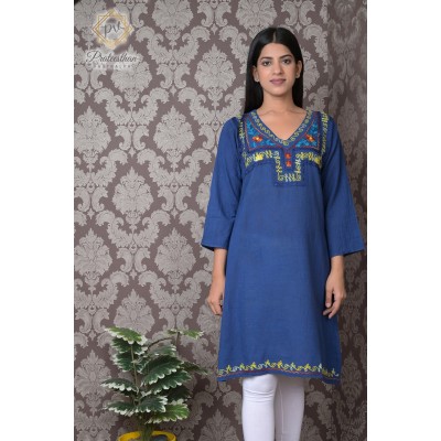 Simply Beautiful Neck Embroidery Cotton Blue Kurti