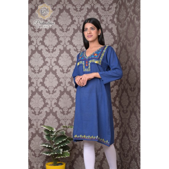 Simply Beautiful Neck Embroidery Cotton Blue Kurti