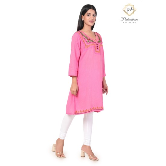 Stylish Beautiful Neck Embroidery Cotton Pink Kurti