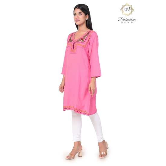 Stylish Beautiful Neck Embroidery Cotton Pink Kurti