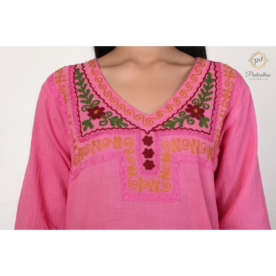 Stylish Beautiful Neck Embroidery Cotton Pink Kurti