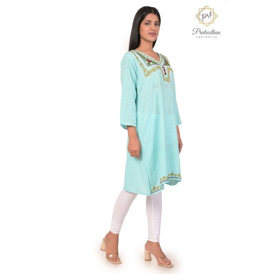 Effortlessly Embroideried Neck Stylish Light Blue Kurti For Women's