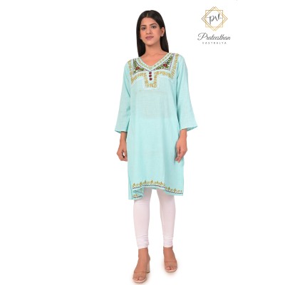 Effortlessly Embroideried Neck Stylish Light Blue Kurti For Women's