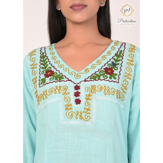 Effortlessly Embroideried Neck Stylish Light Blue Kurti For Women's