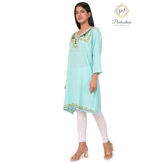 Effortlessly Embroideried Neck Stylish Light Blue Kurti For Women's