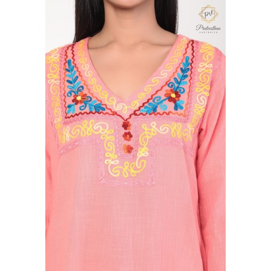 Fashionable Embroidery Neck Beautiful Peach Cotton Kurti