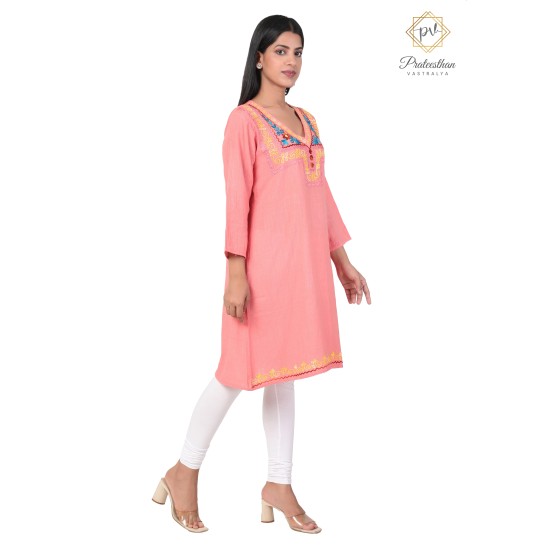 Fashionable Embroidery Neck Beautiful Peach Cotton Kurti