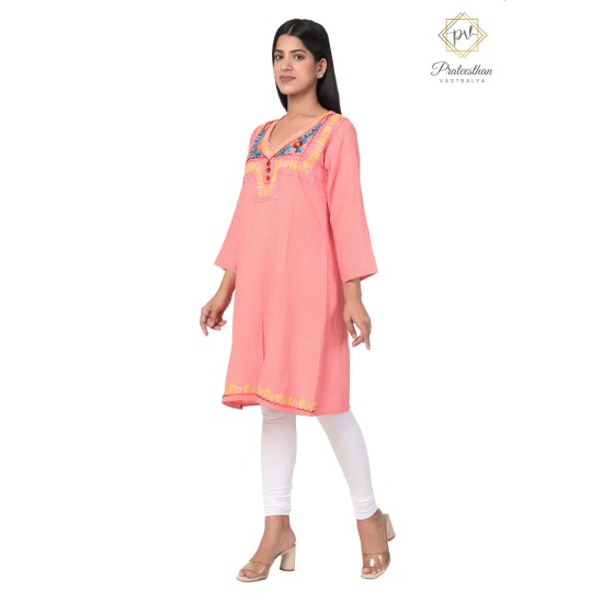 Fashionable Embroidery Neck Beautiful Peach Cotton Kurti