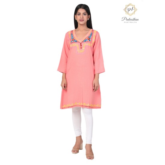 Fashionable Embroidery Neck Beautiful Peach Cotton Kurti