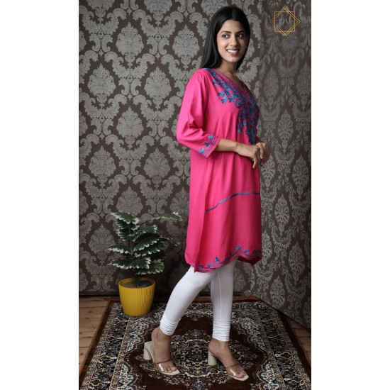 Designer Beautiful Neck Embroidery Cotton Pink Women's Kurti