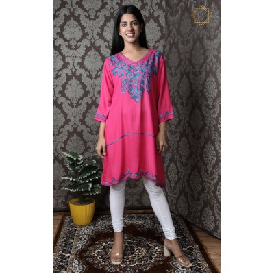 Designer Beautiful Neck Embroidery Cotton Pink Women's Kurti