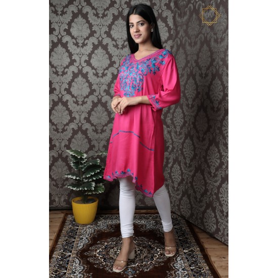 Designer Beautiful Neck Embroidery Cotton Pink Women's Kurti