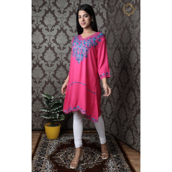 Designer Beautiful Neck Embroidery Cotton Pink Women's Kurti