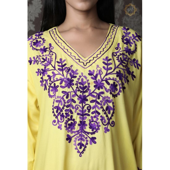 Beautiful Yellow Cotton Women's Neck Embroideried Kurti