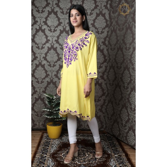 Beautiful Yellow Cotton Women's Neck Embroideried Kurti