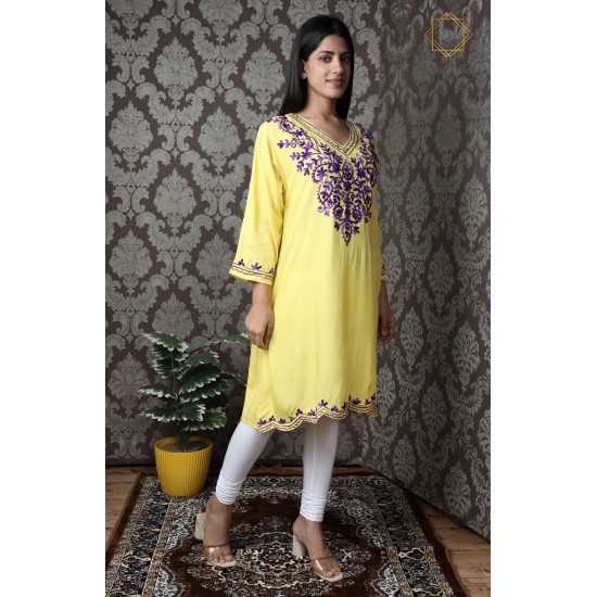 Beautiful Yellow Cotton Women's Neck Embroideried Kurti