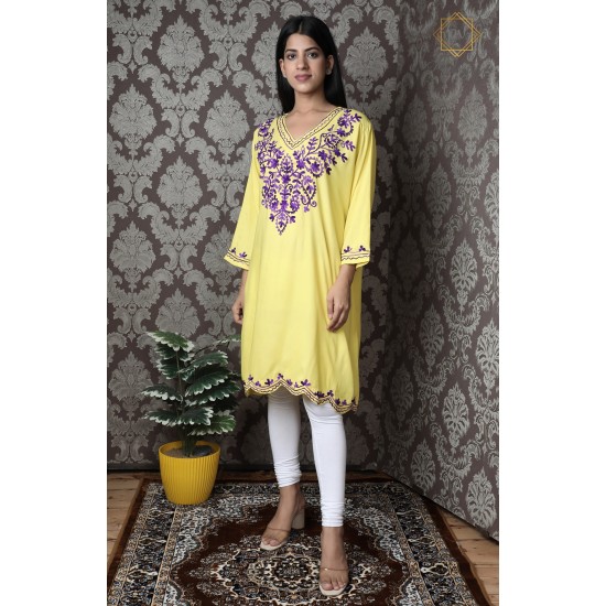 Beautiful Yellow Cotton Women's Neck Embroideried Kurti