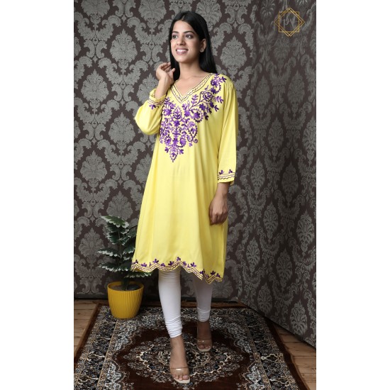 Beautiful Yellow Cotton Women's Neck Embroideried Kurti