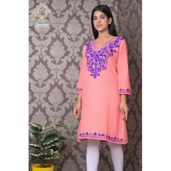 Traditional Embroidery Neck Beautiful Peach Cotton Kurti