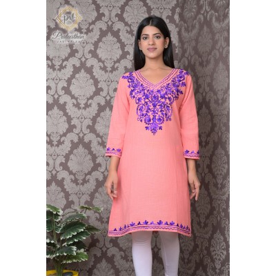 Traditional Embroidery Neck Beautiful Peach Cotton Kurti