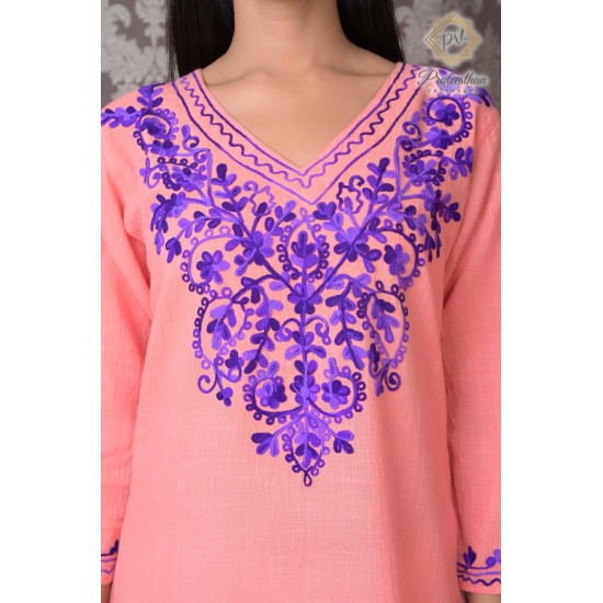 Traditional Embroidery Neck Beautiful Peach Cotton Kurti