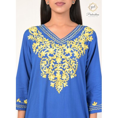 Pretty Neck Embroidery Beautiful Casual Cotton Blue Kurti