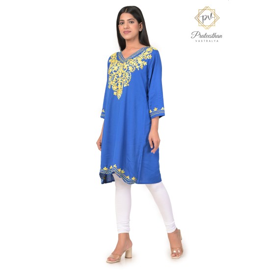 Pretty Neck Embroidery Beautiful Casual Cotton Blue Kurti