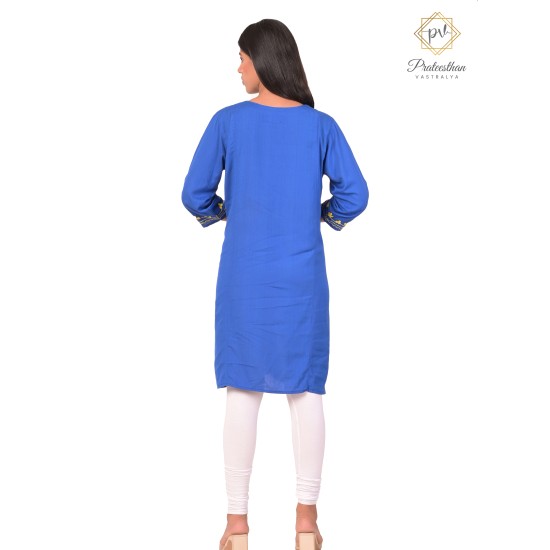 Pretty Neck Embroidery Beautiful Casual Cotton Blue Kurti